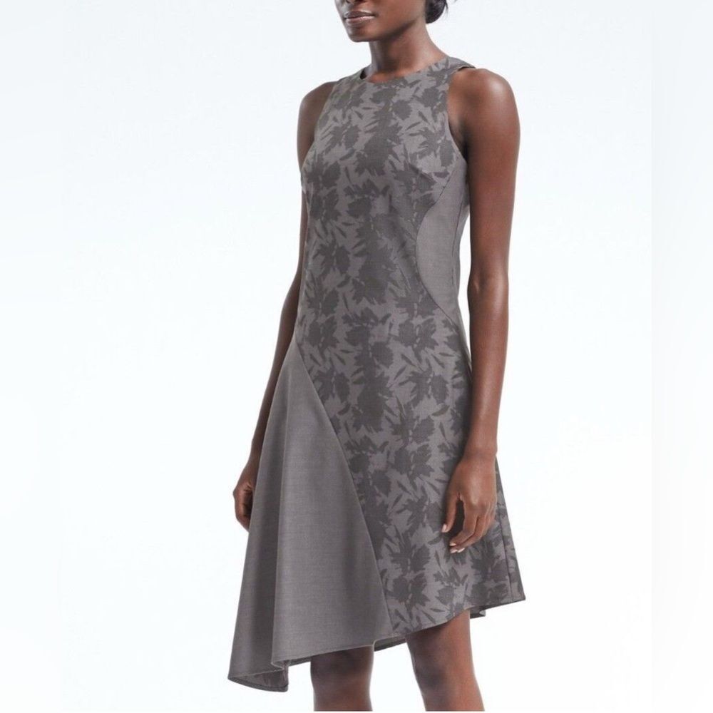 Banana Republic two toned gray floral wool blend asymmetrical midi dress size 2